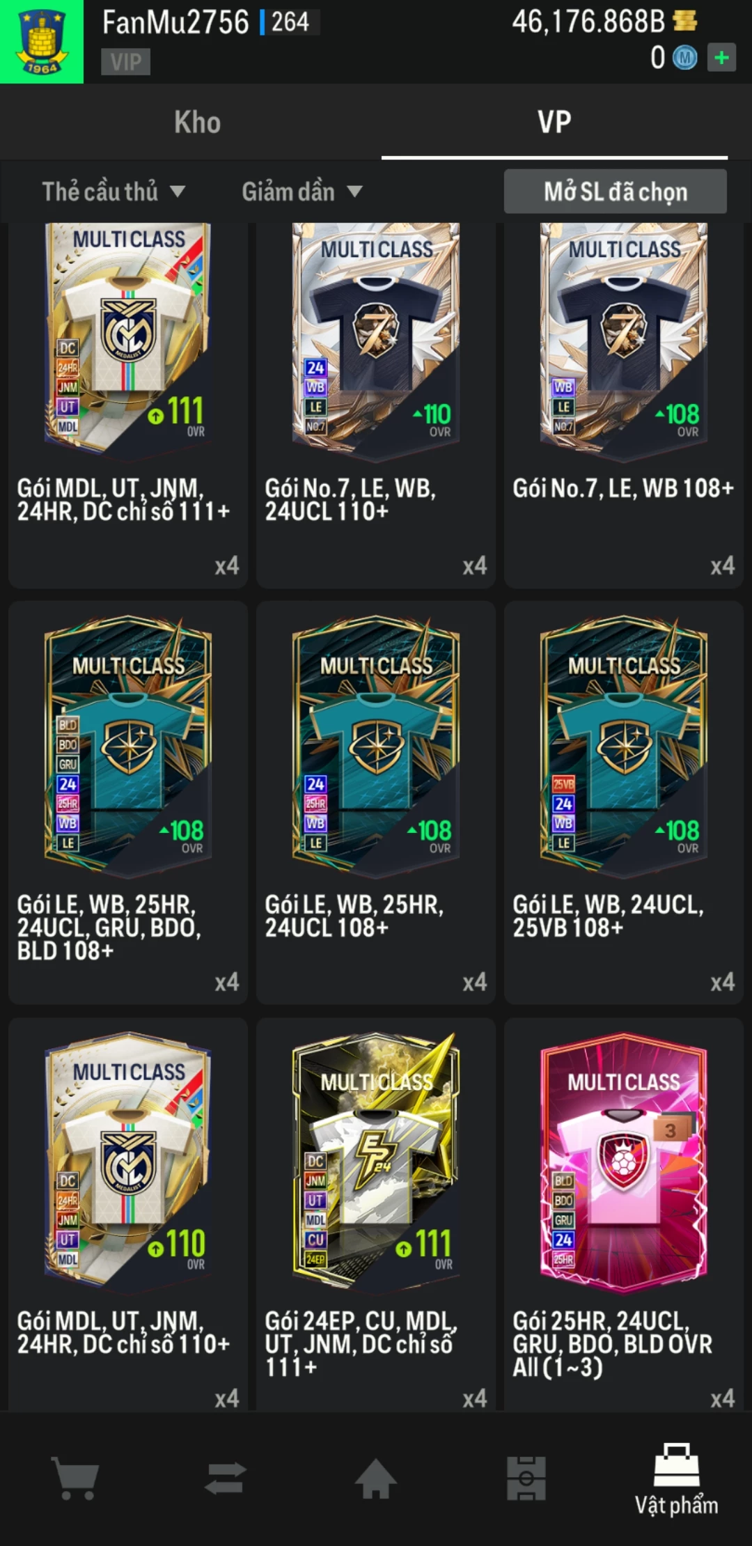 Ảnh ACC mở thẻ (LOẠI SVIP PROMAX) bao gồm có thẻ +12, thẻ Prime (có QH, CP, XS) và 1500+ đến 2000+ thẻ cầu thủ từ Siêu sao đến Miền núi các loại khác. Có sẵn BP trắng trong acc từ 40.000 tỷ BP đến 46.000 tỷ BP kèm theo nhiều ngày SVIP